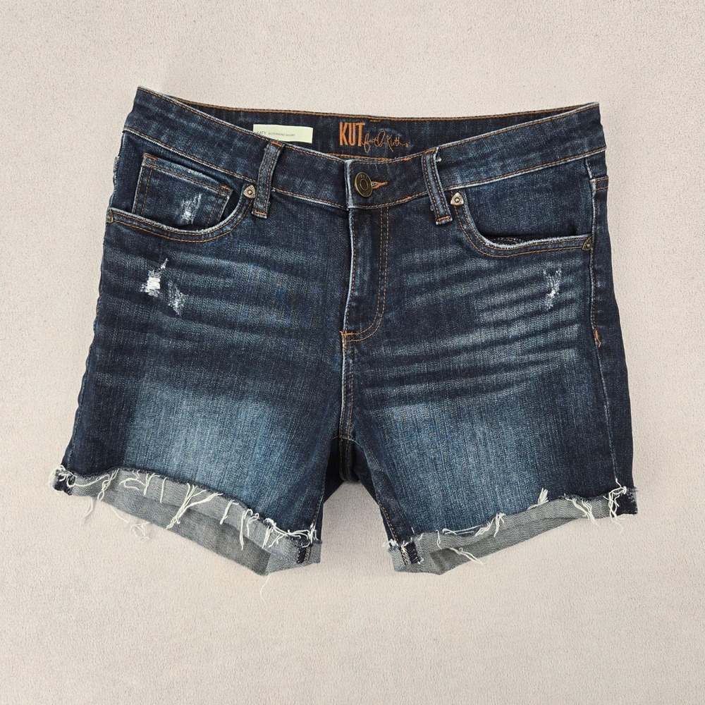 KUT from the Kloth Womens Size 4 Katy Boyfriend Short Distressed Dark Wash Denim